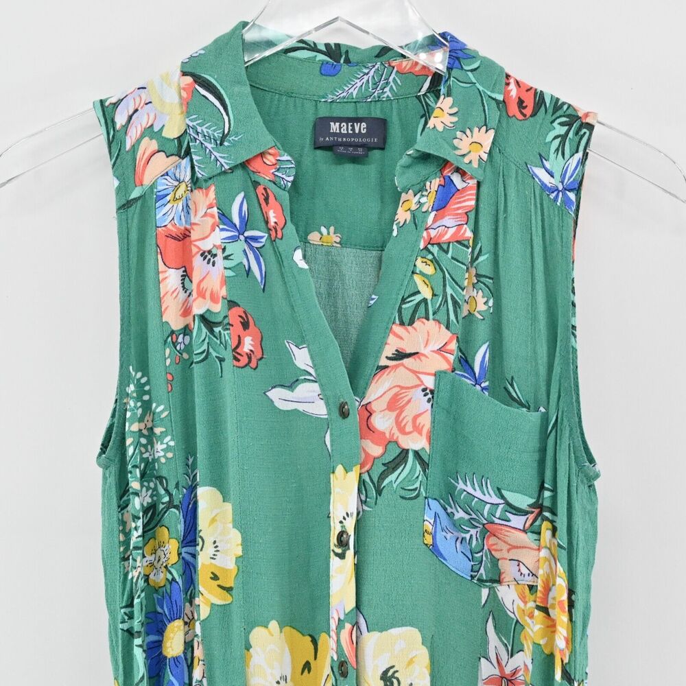 ANTHROPOLOGIE Dress Size 2 Maeve Rory Green Floral Sleeveless‎ Button Front Midi - Picture 3 of 12